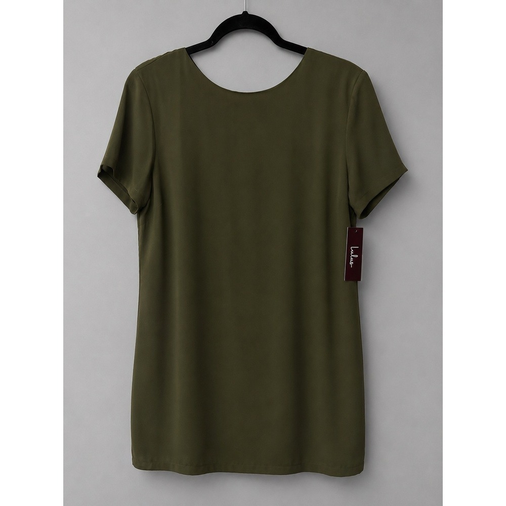 Lulus Olive Green Short Sleeve Shift Dress Exposed Gold Zipper Minimalist M NWT